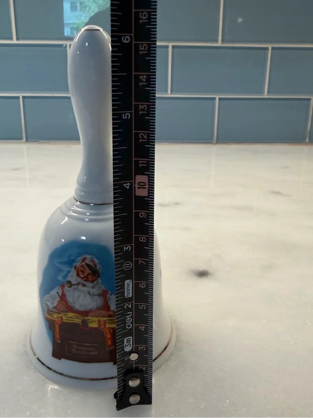 Norman Rockwell White Porcelain Holiday Bell with Santa Illustration